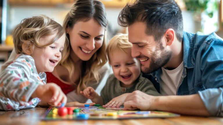 Family of four playing a board game