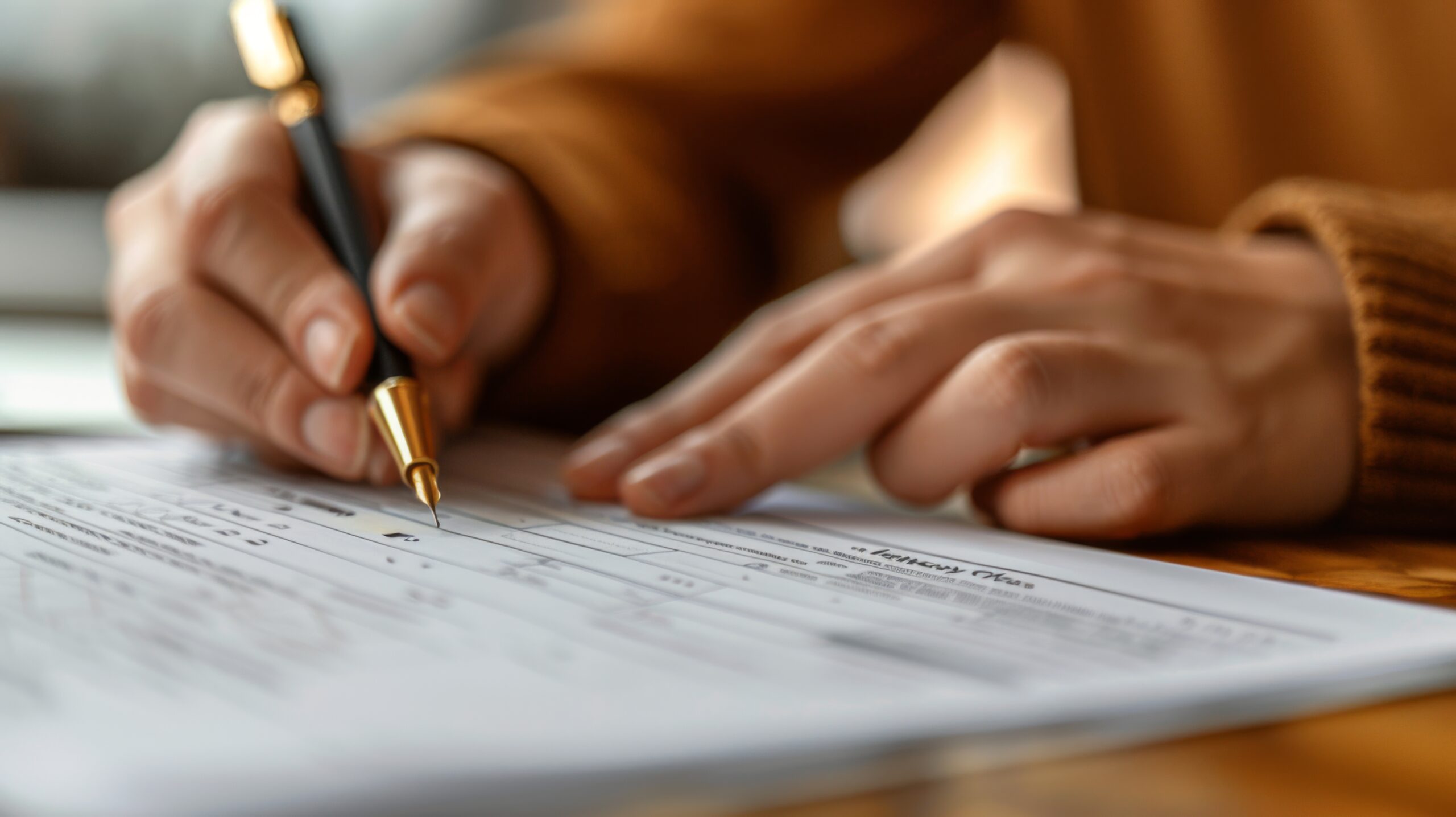 Filling out a paper form with a pen