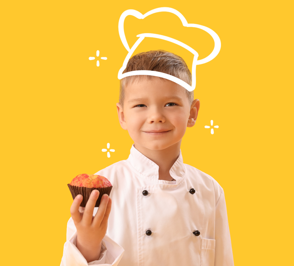 little boy with doodles of his future occupation as chef