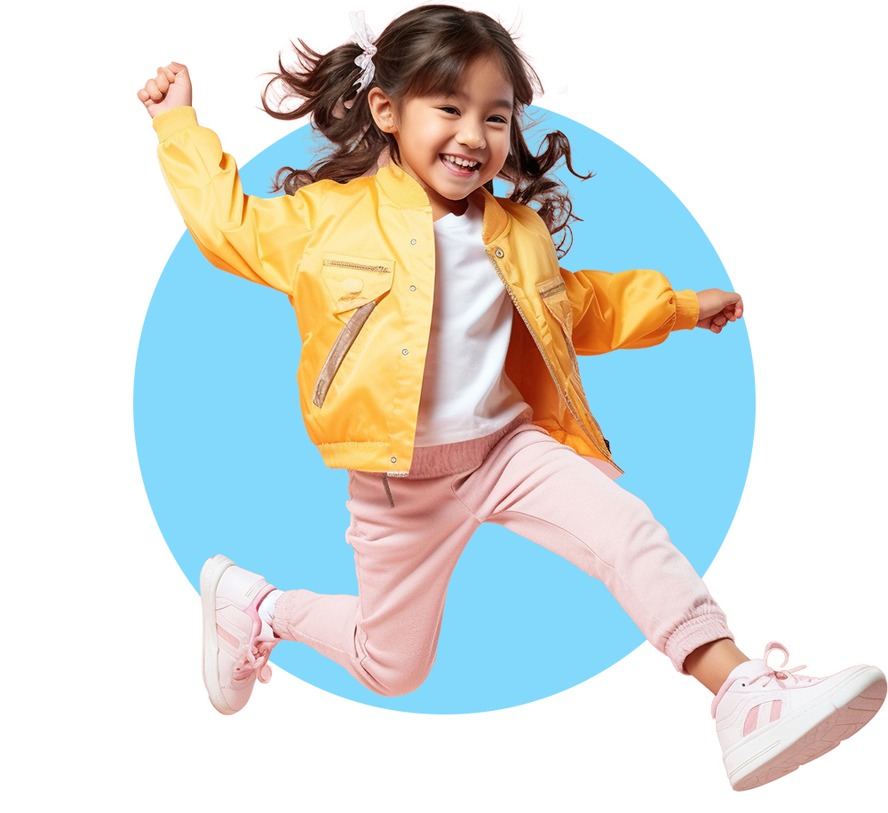 Girl leaping excitedly into the air