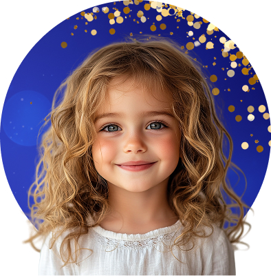 Smiling little girl wearing festive blouse on a glittery gold background